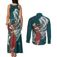 Tahiti Islands Polynesian Plumeria Couples Matching Tank Maxi Dress and Long Sleeve Button Shirt Tahitian Vahine 'Ote'a - Teal