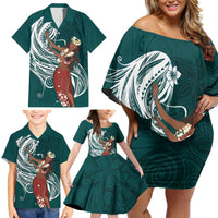 Tahiti Islands Polynesian Plumeria Family Matching Off Shoulder Short Dress and Hawaiian Shirt Tahitian Vahine 'Ote'a - Teal LT7 - Polynesian Pride