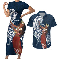 Tahiti Islands Polynesian Plumeria Couples Matching Short Sleeve Bodycon Dress and Hawaiian Shirt Tahitian Vahine 'Ote'a - Navy Blue LT7 Blue - Polynesian Pride