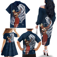 Tahiti Islands Polynesian Plumeria Family Matching Off The Shoulder Long Sleeve Dress and Hawaiian Shirt Tahitian Vahine 'Ote'a - Navy Blue LT7 - Polynesian Pride