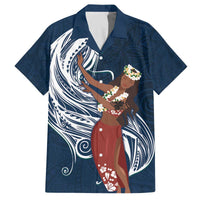 Tahiti Islands Polynesian Plumeria Family Matching Off Shoulder Short Dress and Hawaiian Shirt Tahitian Vahine 'Ote'a - Navy Blue LT7 Dad's Shirt - Short Sleeve Blue - Polynesian Pride