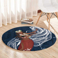 Tahiti Islands Polynesian Plumeria Round Carpet Tahitian Vahine 'Ote'a - Navy Blue