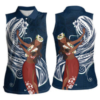 Tahiti Islands Polynesian Plumeria Women Sleeveless Polo Shirt Tahitian Vahine 'Ote'a - Navy Blue