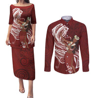 Tahiti Islands Polynesian Plumeria Couples Matching Puletasi and Long Sleeve Button Shirt Tahitian Vahine 'Ote'a - Scarlet LT7 Red - Polynesian Pride