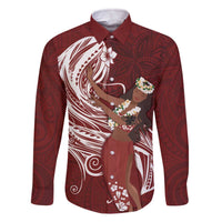 Tahiti Islands Polynesian Plumeria Family Matching Off The Shoulder Long Sleeve Dress and Hawaiian Shirt Tahitian Vahine 'Ote'a - Scarlet LT7 Dad's Shirt - Long Sleeve Red - Polynesian Pride