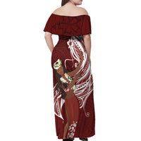 Tahiti Islands Polynesian Plumeria Off Shoulder Maxi Dress Tahitian Vahine 'Ote'a - Scarlet