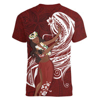 Tahiti Islands Polynesian Plumeria Women V-Neck T-Shirt Tahitian Vahine 'Ote'a - Scarlet