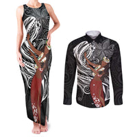 Tahiti Islands Polynesian Plumeria Couples Matching Tank Maxi Dress and Long Sleeve Button Shirt Tahitian Vahine 'Ote'a - Black