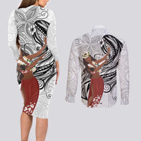 Tahiti Islands Polynesian Plumeria Couples Matching Long Sleeve Bodycon Dress and Long Sleeve Button Shirt Tahitian Vahine 'Ote'a - White LT7 - Polynesian Pride