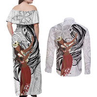 Tahiti Islands Polynesian Plumeria Couples Matching Off Shoulder Maxi Dress and Long Sleeve Button Shirt Tahitian Vahine 'Ote'a - White LT7 - Polynesian Pride