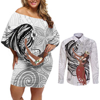 Tahiti Islands Polynesian Plumeria Couples Matching Off Shoulder Short Dress and Long Sleeve Button Shirt Tahitian Vahine 'Ote'a - White LT7 White - Polynesian Pride