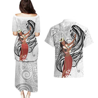 Tahiti Islands Polynesian Plumeria Couples Matching Puletasi and Hawaiian Shirt Tahitian Vahine 'Ote'a - White LT7 - Polynesian Pride