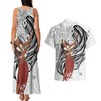Tahiti Islands Polynesian Plumeria Couples Matching Tank Maxi Dress and Hawaiian Shirt Tahitian Vahine 'Ote'a - White LT7 - Polynesian Pride