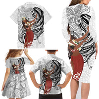 Tahiti Islands Polynesian Plumeria Family Matching Long Sleeve Bodycon Dress and Hawaiian Shirt Tahitian Vahine 'Ote'a - White LT7 - Polynesian Pride