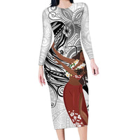 Tahiti Islands Polynesian Plumeria Family Matching Long Sleeve Bodycon Dress and Hawaiian Shirt Tahitian Vahine 'Ote'a - White LT7 Mom's Dress White - Polynesian Pride