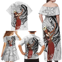 Tahiti Islands Polynesian Plumeria Family Matching Off Shoulder Maxi Dress and Hawaiian Shirt Tahitian Vahine 'Ote'a - White LT7 - Polynesian Pride