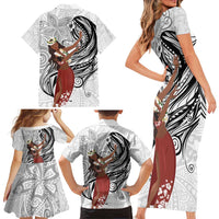 Tahiti Islands Polynesian Plumeria Family Matching Short Sleeve Bodycon Dress and Hawaiian Shirt Tahitian Vahine 'Ote'a - White LT7 - Polynesian Pride