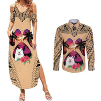 Polynesian Couples Matching Summer Maxi Dress and Long Sleeve Button Shirts Dog Lover With Samoyed - Sunset At The Beach LT7 Coral - Polynesian Pride