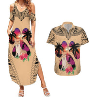 Polynesian Couples Matching Summer Maxi Dress and Hawaiian Shirt Dog Lover With Shiba Inu - Sunset At The Beach LT7 Coral - Polynesian Pride