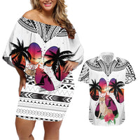 Polynesian Couples Matching Off Shoulder Short Dress and Hawaiian Shirt Dog Lover With Shiba Inu - Sunset At The Beach White Ver LT7 White - Polynesian Pride