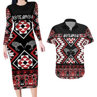 Personalised Taniko Motifs Aotearoa Couples Matching Long Sleeve Bodycon Dress and Hawaiian Shirt Waitangi Kowhaiwhai Kiwi LT7 Red - Polynesian Pride