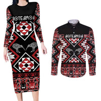 Personalised Taniko Motifs Aotearoa Couples Matching Long Sleeve Bodycon Dress and Long Sleeve Button Shirt Waitangi Kowhaiwhai Kiwi LT7 Red - Polynesian Pride