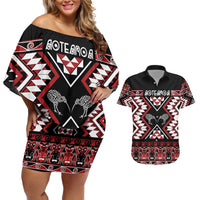 Personalised Taniko Motifs Aotearoa Couples Matching Off Shoulder Short Dress and Hawaiian Shirt Waitangi Kowhaiwhai Kiwi LT7 Red - Polynesian Pride