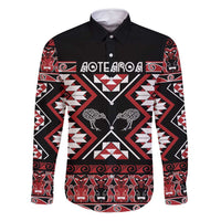 Personalised Taniko Motifs Aotearoa Family Matching Long Sleeve Bodycon Dress and Hawaiian Shirt Waitangi Kowhaiwhai Kiwi LT7 Dad's Shirt - Long Sleeve Red - Polynesian Pride