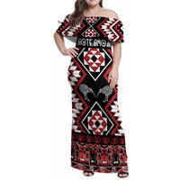 Personalised Taniko Motifs Aotearoa Family Matching Off Shoulder Maxi Dress and Hawaiian Shirt Waitangi Kowhaiwhai Kiwi LT7 Mom's Dress Red - Polynesian Pride