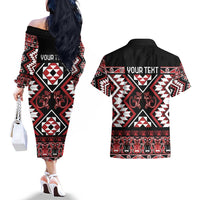 Personalised Aotearoa Waitangi Couples Matching Off The Shoulder Long Sleeve Dress and Hawaiian Shirt Taniko Motifs - Mania Gecko LT7 - Polynesian Pride