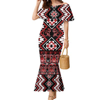 Personalised Aotearoa Waitangi Family Matching Mermaid Dress and Hawaiian Shirt Taniko Motifs - Mania Gecko LT7 Mom's Dress Red - Polynesian Pride