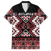 Personalised Aotearoa Waitangi Family Matching Off The Shoulder Long Sleeve Dress and Hawaiian Shirt Taniko Motifs - Mania Gecko LT7 Dad's Shirt - Short Sleeve Red - Polynesian Pride