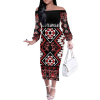 Personalised Aotearoa Waitangi Family Matching Off The Shoulder Long Sleeve Dress and Hawaiian Shirt Taniko Motifs - Mania Gecko LT7 Mom's Dress Red - Polynesian Pride