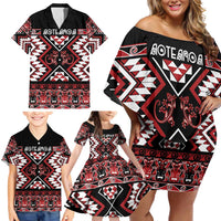 Personalised Aotearoa Waitangi Family Matching Off Shoulder Short Dress and Hawaiian Shirt Taniko Motifs - Mania Gecko LT7 - Polynesian Pride