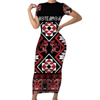 Personalised Aotearoa Waitangi Short Sleeve Bodycon Dress Taniko Motifs - Mania Gecko