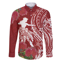 Personalised Hawaii Wahine Family Matching Tank Maxi Dress and Hawaiian Shirt Women's Day Ohia Lehua LT7 Dad's Shirt - Long Sleeve Red - Polynesian Pride