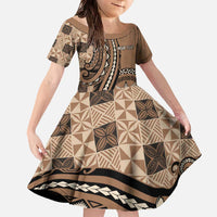 Personalized Tonga Ngatu Family Matching Off The Shoulder Long Sleeve Dress and Hawaiian Shirt Vintage Brown Manulua Motifs