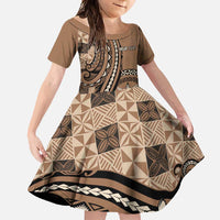 Personalized Tonga Ngatu Family Matching Off Shoulder Maxi Dress and Hawaiian Shirt Vintage Brown Manulua Motifs LT7 Daughter's Dress Brown - Polynesian Pride