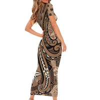 Personalized Tonga Ngatu Short Sleeve Bodycon Dress Vintage Brown Manulua Motifs