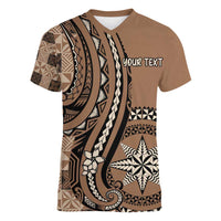 Personalized Tonga Ngatu Women V-Neck T-Shirt Vintage Brown Manulua Motifs