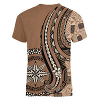 Personalized Tonga Ngatu Women V-Neck T-Shirt Vintage Brown Manulua Motifs