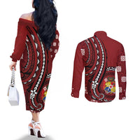 Personalized Tonga Ngatu Couples Matching Off The Shoulder Long Sleeve Dress and Long Sleeve Button Shirt Iconic Red Manulua Motifs