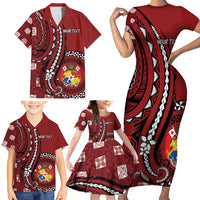Personalized Tonga Ngatu Family Matching Short Sleeve Bodycon Dress and Hawaiian Shirt Iconic Red Manulua Motifs LT7 - Polynesian Pride