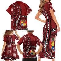 Personalized Tonga Ngatu Family Matching Short Sleeve Bodycon Dress and Hawaiian Shirt Iconic Red Manulua Motifs LT7 - Polynesian Pride