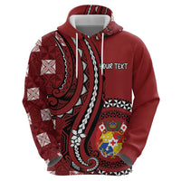 Personalized Tonga Ngatu Zip Hoodie Iconic Red Manulua Motifs