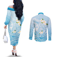 Guam Fishhook Mix Guasali Flowers Couples Matching Off The Shoulder Long Sleeve Dress and Long Sleeve Button Shirt Dreaming Turquoise