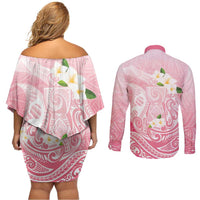 Guam Fishhook Mix Guasali Flowers Couples Matching Off Shoulder Short Dress and Long Sleeve Button Shirt Dreaming Coral