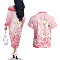 Guam Fishhook Mix Guasali Flowers Couples Matching Off The Shoulder Long Sleeve Dress and Hawaiian Shirt Dreaming Coral