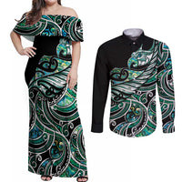 Maori Matariki - Manaia Couples Matching Off Shoulder Maxi Dress and Long Sleeve Button Shirt Emerald Paua Shell