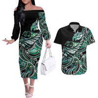 Maori Matariki - Manaia Couples Matching Off The Shoulder Long Sleeve Dress and Hawaiian Shirt Emerald Paua Shell